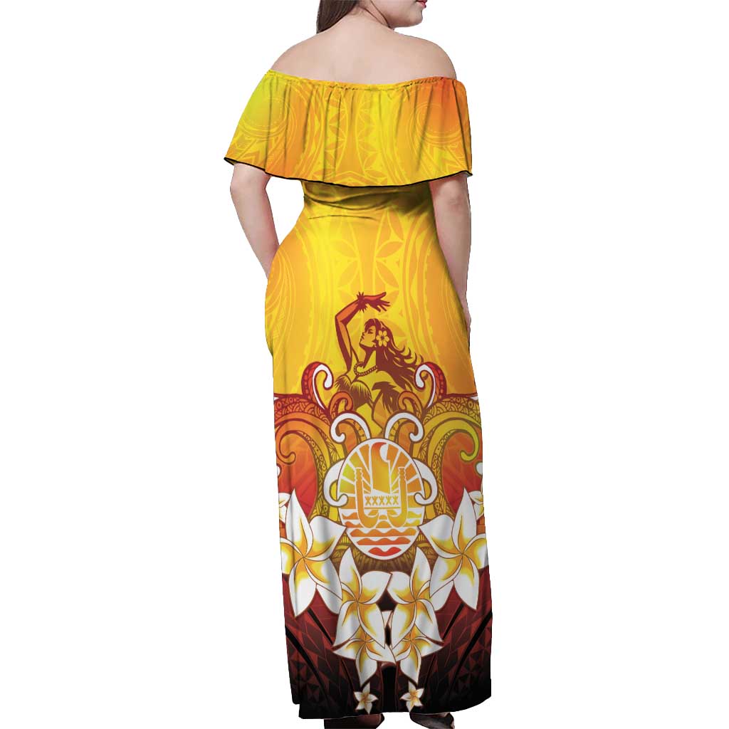 Tahiti Heiva Festival Off Shoulder Maxi Dress Tahitian Vahine Plumeria Flowers