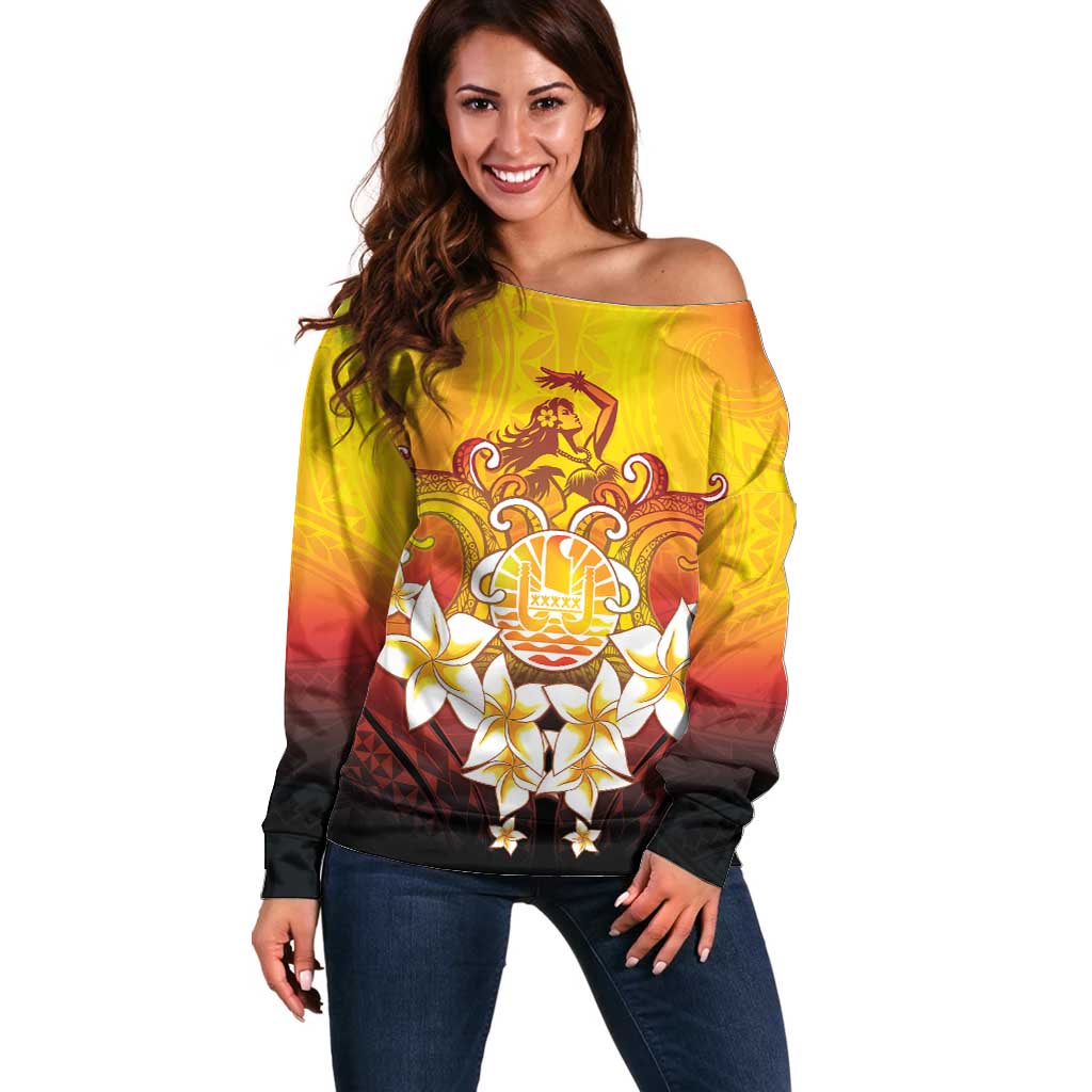 Tahiti Heiva Festival Off Shoulder Sweater Tahitian Vahine Plumeria Flowers