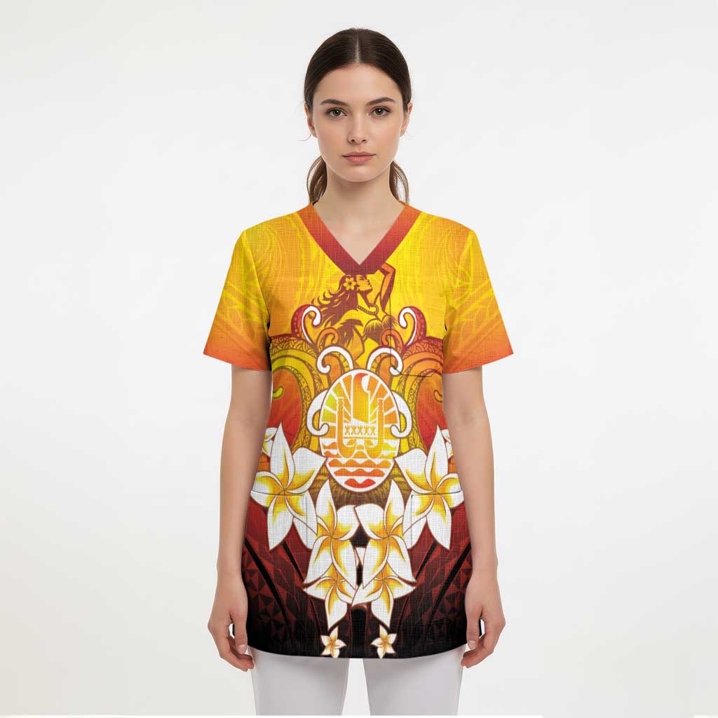 Tahiti Heiva Festival Scrub Top Tahitian Vahine Plumeria Flowers - Polynesian Pride