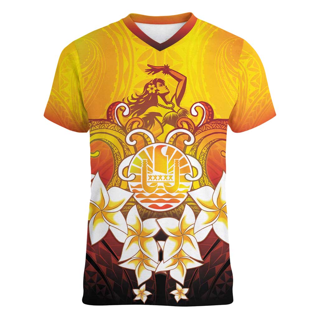 Tahiti Heiva Festival Women V-Neck T-Shirt Tahitian Vahine Plumeria Flowers