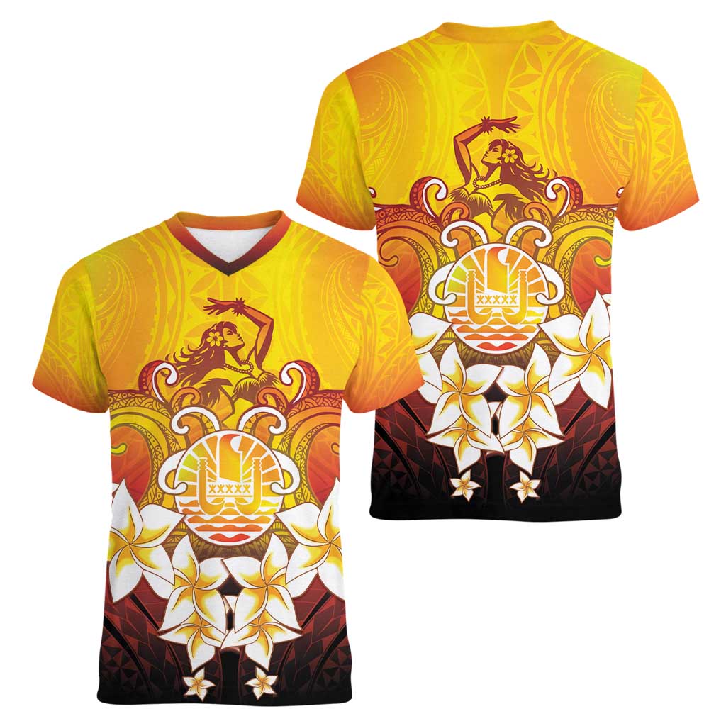 Tahiti Heiva Festival Women V-Neck T-Shirt Tahitian Vahine Plumeria Flowers