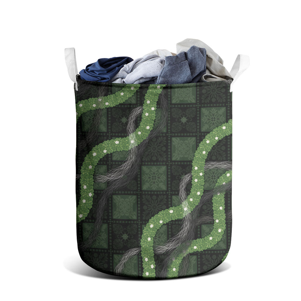 Hawaiian Quilt Laundry Basket Pele Hair Hinahina Lei Black Version