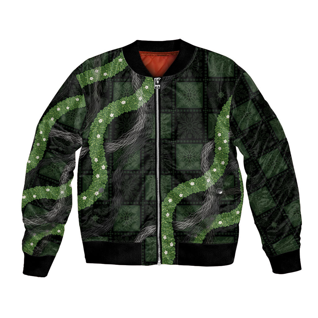 Hawaiian Quilt Bomber Jacket Pele Hair Hinahina Lei Black Version
