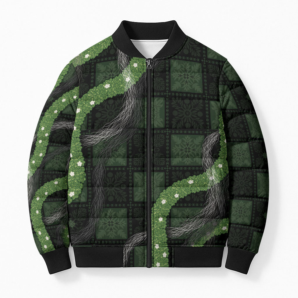 Hawaiian Quilt Bomber Puffer Jacket Pele Hair Hinahina Lei Black Version