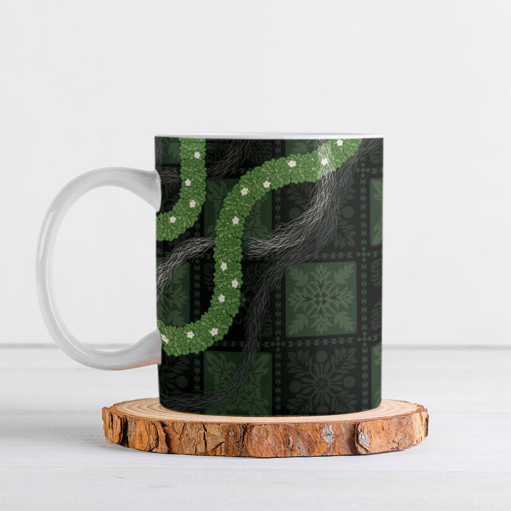 Hawaiian Quilt Ceramic Mug Pele Hair Hinahina Lei Black Version