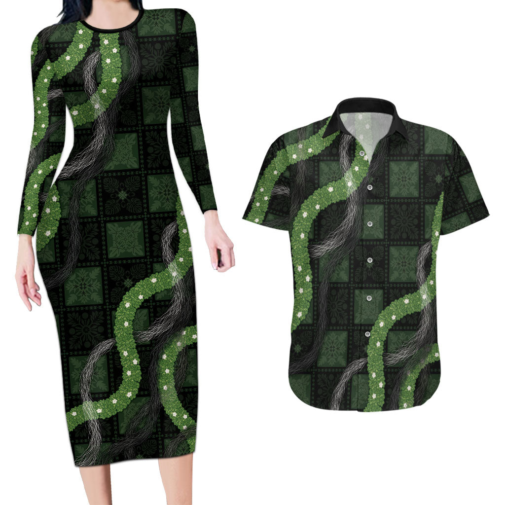 Hawaiian Quilt Couples Matching Long Sleeve Bodycon Dress and Hawaiian Shirt Pele Hair Hinahina Lei Black Version