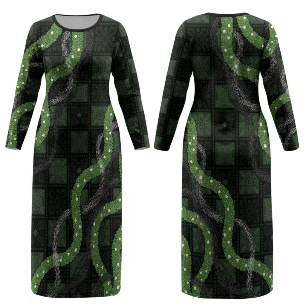 Hawaiian Quilt Couples Matching Long Sleeve Bodycon Dress and Hawaiian Shirt Pele Hair Hinahina Lei Black Version LT05 - Polynesian Pride