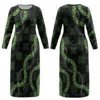 Hawaiian Quilt Couples Matching Long Sleeve Bodycon Dress and Hawaiian Shirt Pele Hair Hinahina Lei Black Version LT05 - Polynesian Pride