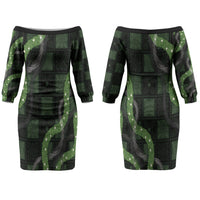 Hawaiian Quilt Couples Matching Off The Shoulder Long Sleeve Dress and Long Sleeve Button Shirt Pele Hair Hinahina Lei Black Version LT05 - Polynesian Pride