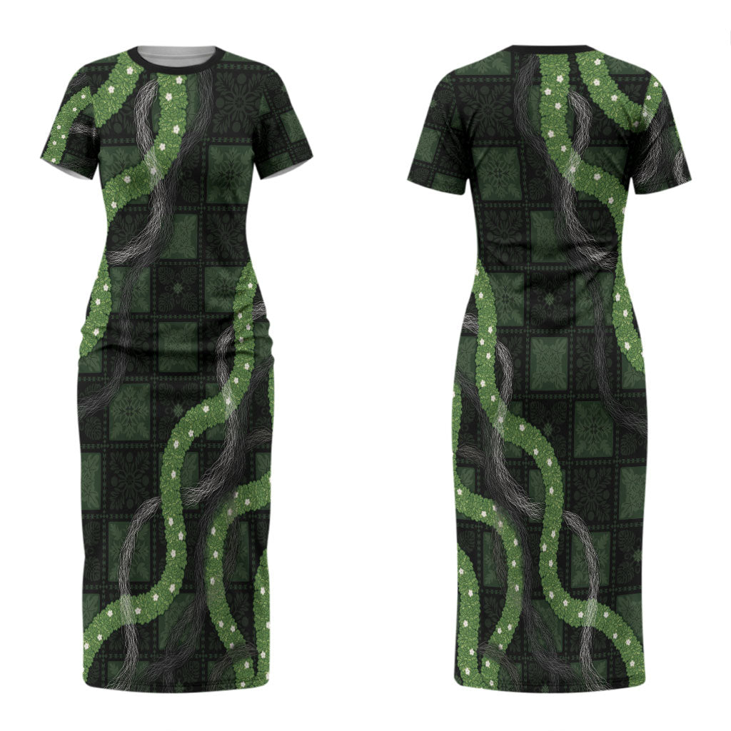 Hawaiian Quilt Couples Matching Short Sleeve Bodycon Dress and Hawaiian Shirt Pele Hair Hinahina Lei Black Version LT05 - Polynesian Pride