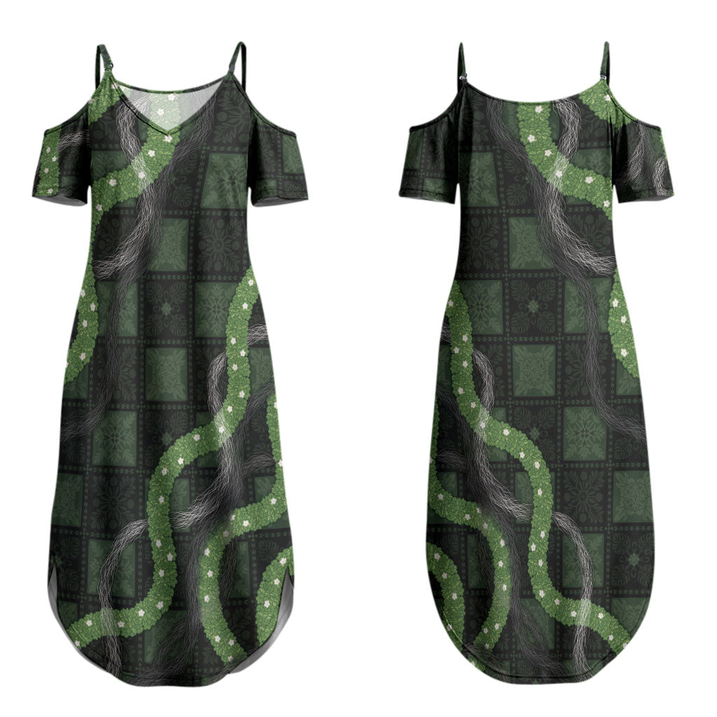 Hawaiian Quilt Couples Matching Summer Maxi Dress and Long Sleeve Button Shirt Pele Hair Hinahina Lei Black Version LT05 - Polynesian Pride
