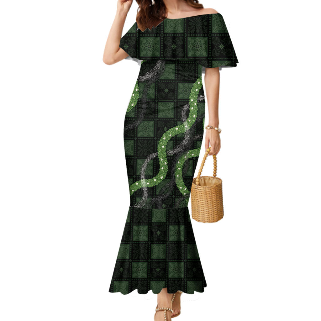 Hawaiian Quilt Family Matching Mermaid Dress and Hawaiian Shirt Pele Hair Hinahina Lei Black Version