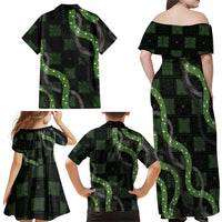 Hawaiian Quilt Family Matching Off Shoulder Maxi Dress and Hawaiian Shirt Pele Hair Hinahina Lei Black Version