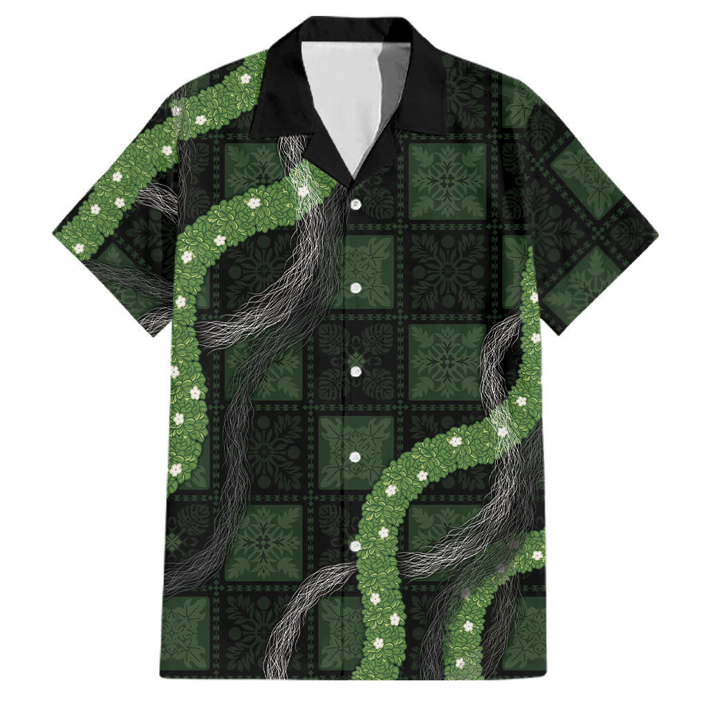 Hawaiian Quilt Family Matching Off Shoulder Maxi Dress and Hawaiian Shirt Pele Hair Hinahina Lei Black Version