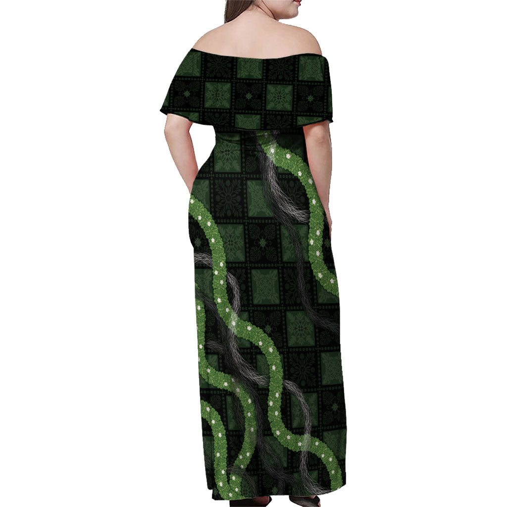 Hawaiian Quilt Family Matching Off Shoulder Maxi Dress and Hawaiian Shirt Pele Hair Hinahina Lei Black Version