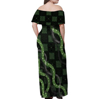 Hawaiian Quilt Family Matching Off Shoulder Maxi Dress and Hawaiian Shirt Pele Hair Hinahina Lei Black Version