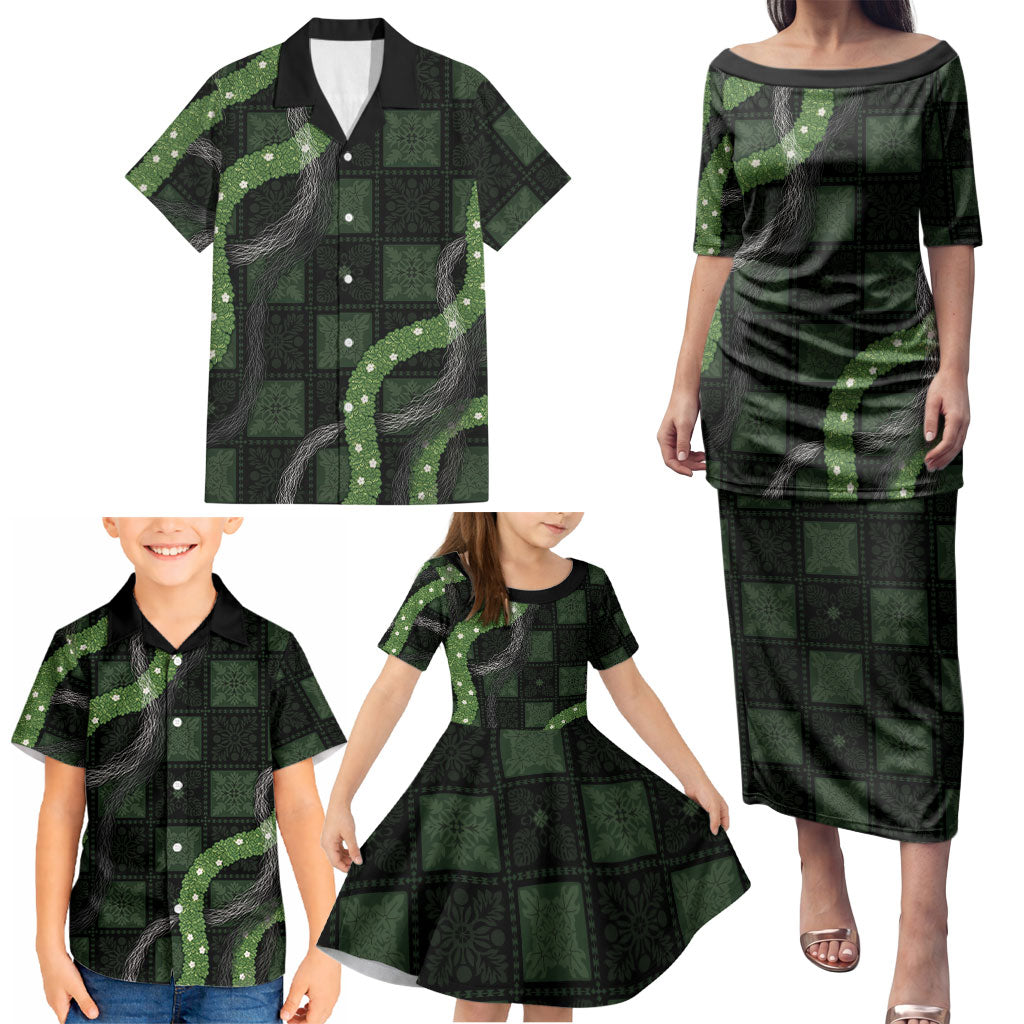 Hawaiian Quilt Family Matching Puletasi and Hawaiian Shirt Pele Hair Hinahina Lei Black Version LT05 - Polynesian Pride