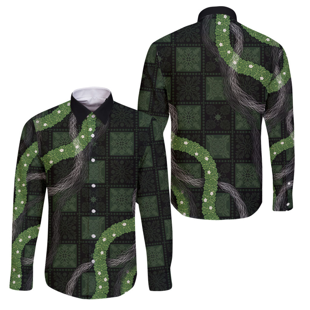 Hawaiian Quilt Family Matching Puletasi and Hawaiian Shirt Pele Hair Hinahina Lei Black Version LT05 Dad's Shirt - Long Sleeve Black - Polynesian Pride