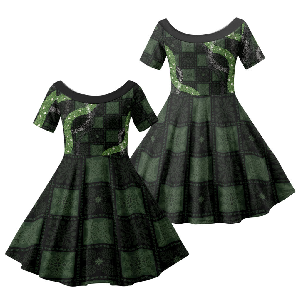 Hawaiian Quilt Family Matching Puletasi and Hawaiian Shirt Pele Hair Hinahina Lei Black Version LT05 Daughter's Dress Black - Polynesian Pride