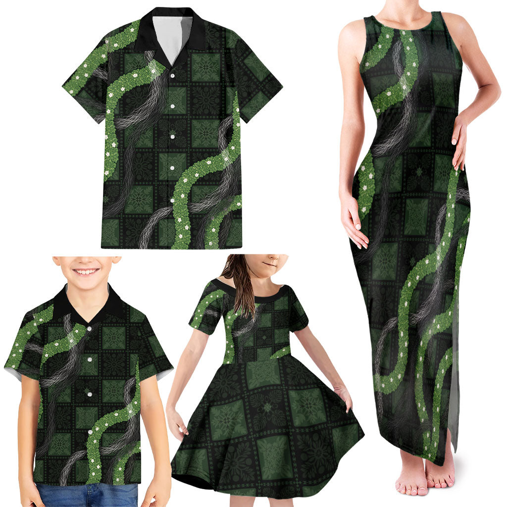 Hawaiian Quilt Family Matching Tank Maxi Dress and Hawaiian Shirt Pele Hair Hinahina Lei Black Version