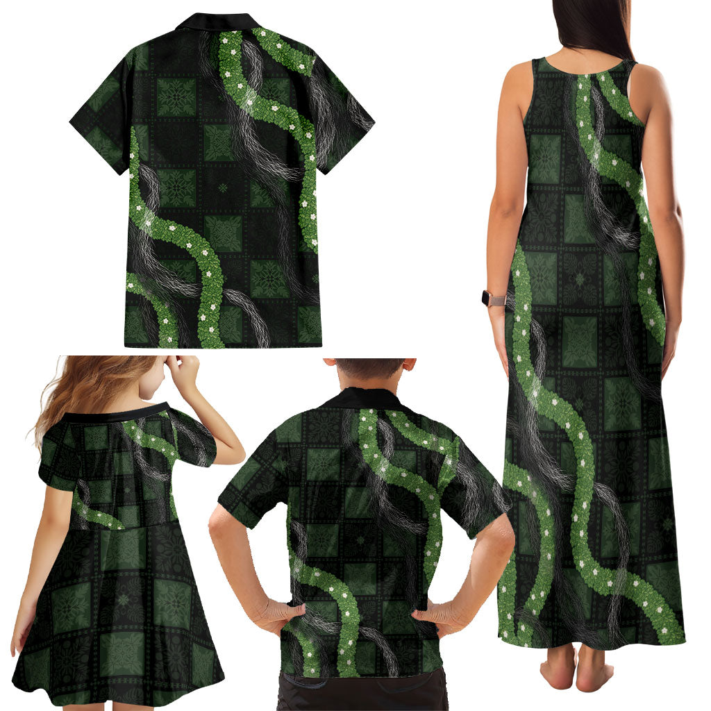 Hawaiian Quilt Family Matching Tank Maxi Dress and Hawaiian Shirt Pele Hair Hinahina Lei Black Version