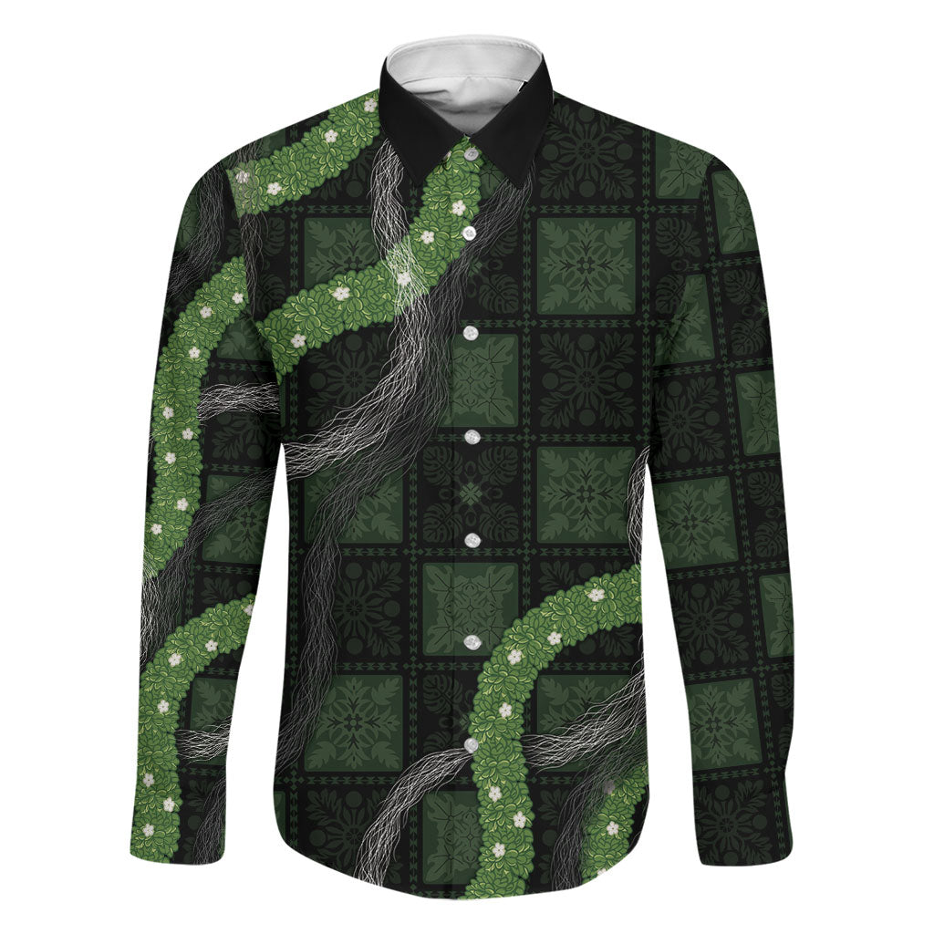 Hawaiian Quilt Family Matching Tank Maxi Dress and Hawaiian Shirt Pele Hair Hinahina Lei Black Version