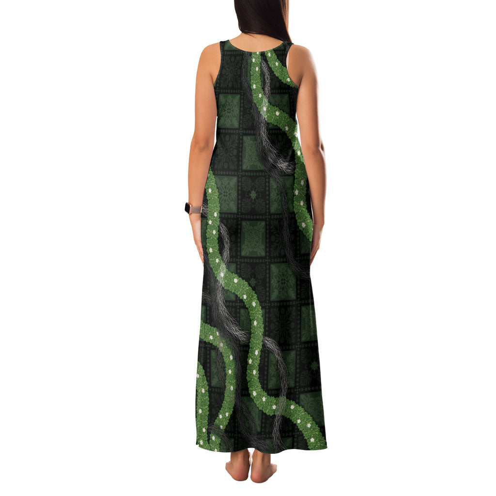 Hawaiian Quilt Family Matching Tank Maxi Dress and Hawaiian Shirt Pele Hair Hinahina Lei Black Version