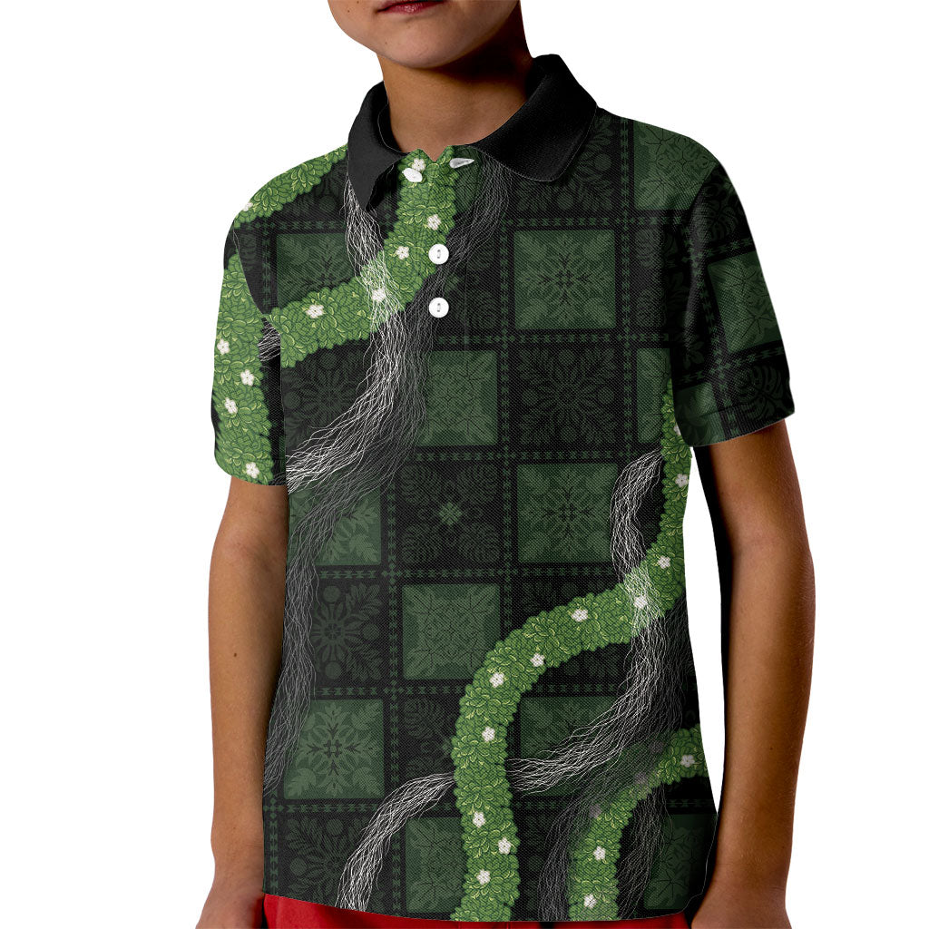 Hawaiian Quilt Kid Polo Shirt Pele Hair Hinahina Lei Black Version
