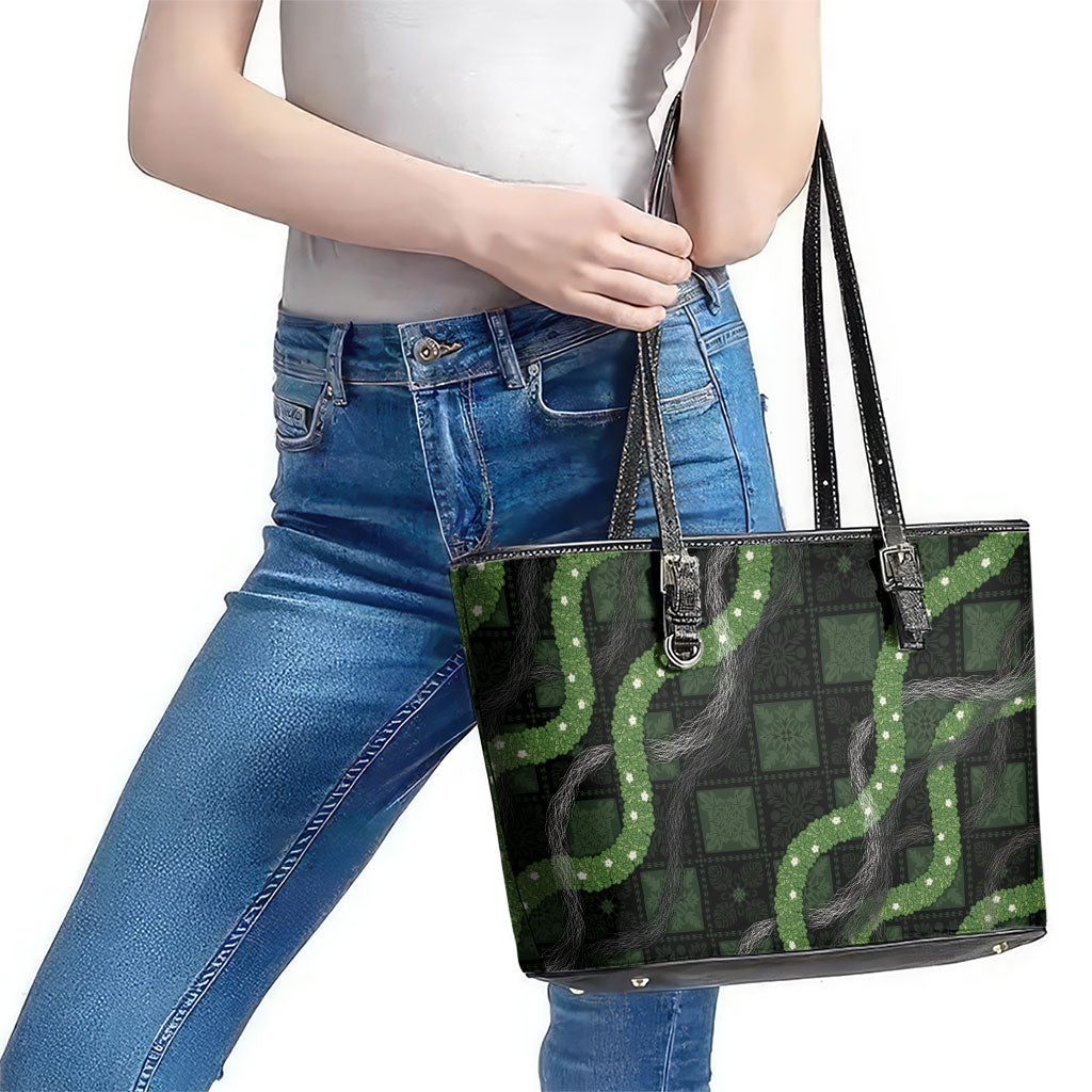 Hawaiian Quilt Leather Tote Bag Pele Hair Hinahina Lei Black Version