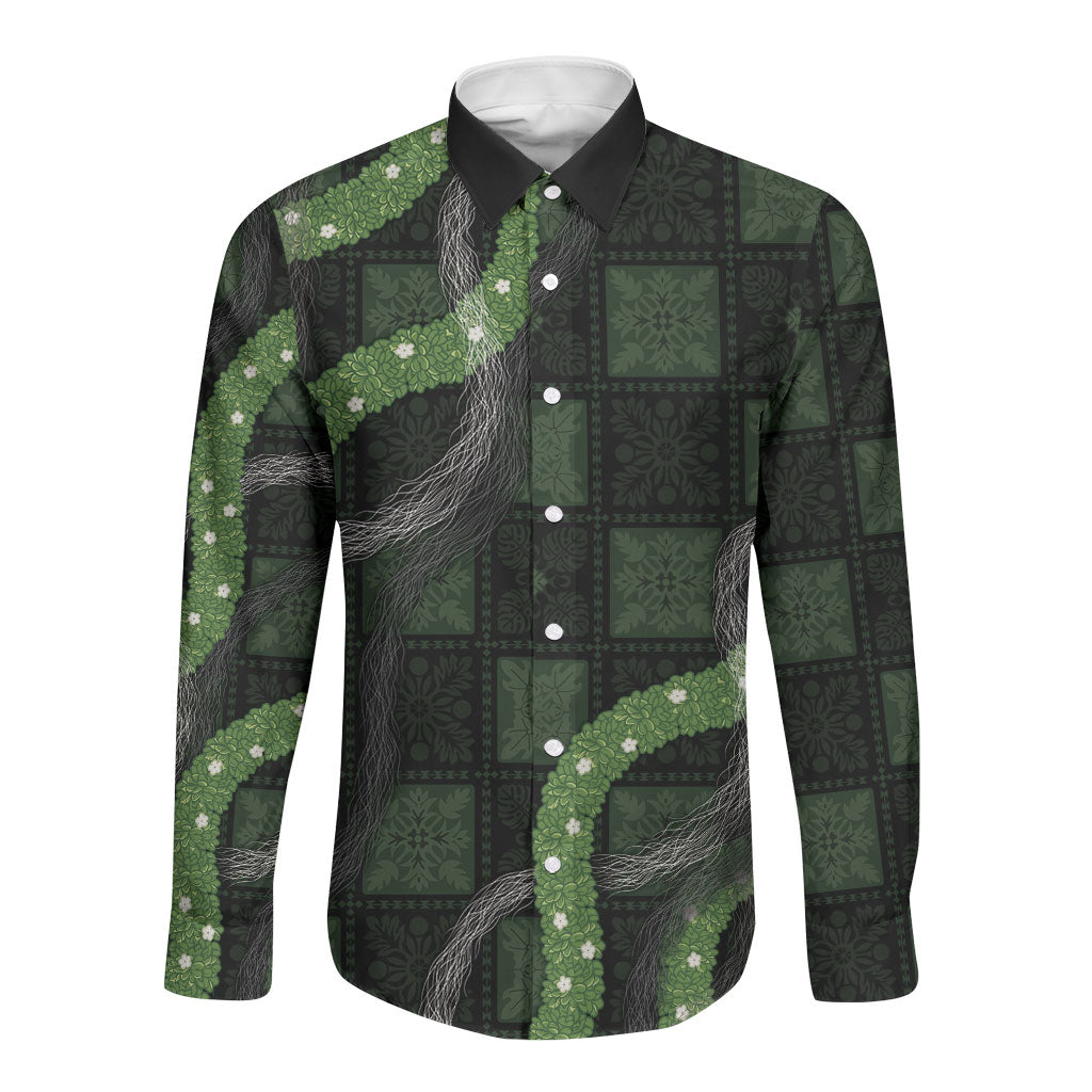 Hawaiian Quilt Long Sleeve Button Shirt Pele Hair Hinahina Lei Black Version LT05 Unisex Black - Polynesian Pride
