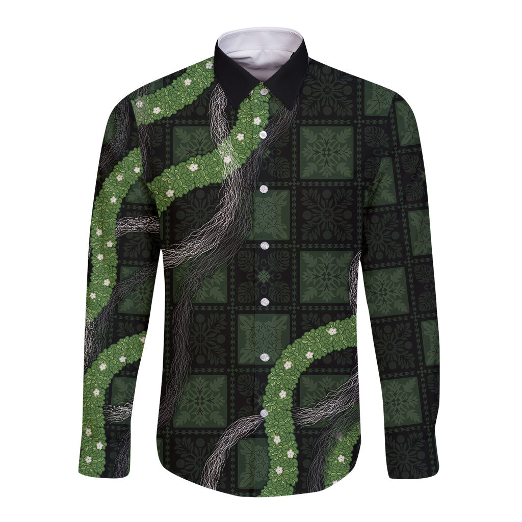 Hawaiian Quilt Long Sleeve Button Shirt Pele Hair Hinahina Lei Black Version