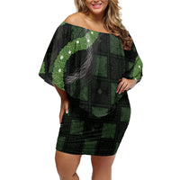 Hawaiian Quilt Off Shoulder Short Dress Pele Hair Hinahina Lei Black Version