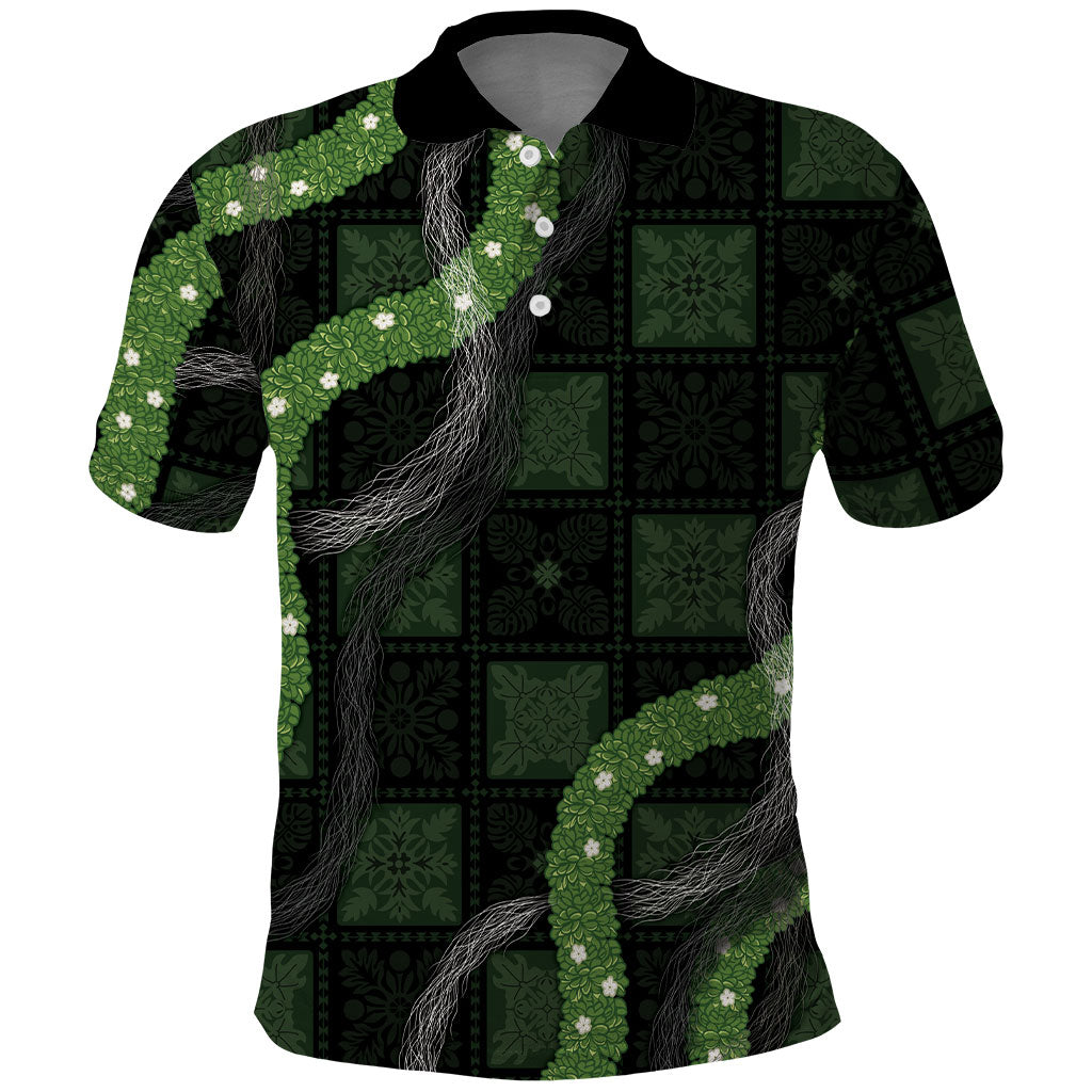 Hawaiian Quilt Polo Shirt Pele Hair Hinahina Lei Black Version