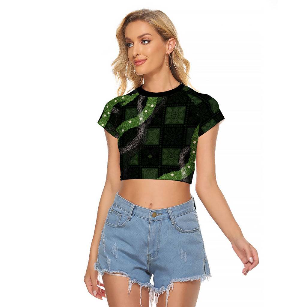 Hawaiian Quilt Raglan Cropped T Shirt Pele Hair Hinahina Lei Black Version