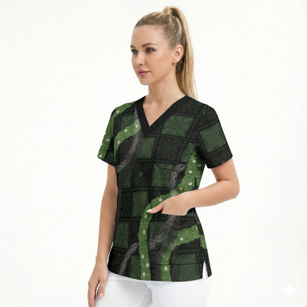 Hawaiian Quilt Scrub Top Pele Hair Hinahina Lei Black Version