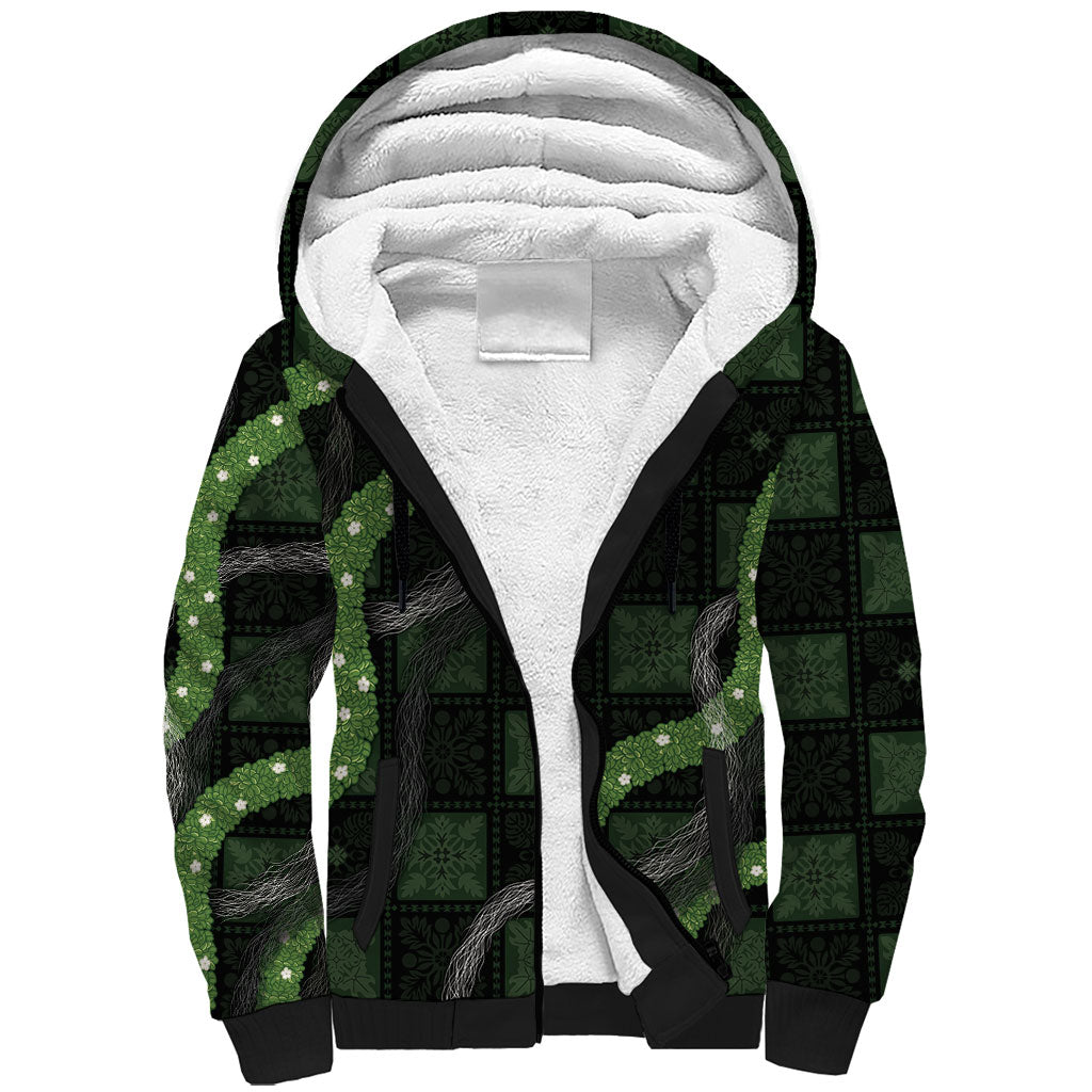 Hawaiian Quilt Sherpa Hoodie Pele Hair Hinahina Lei Black Version