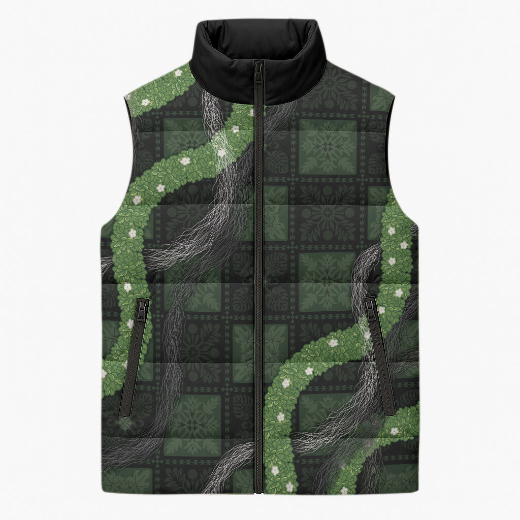 Hawaiian Quilt Sleeveless Puffer Jacket Pele Hair Hinahina Lei Black Version LT05 Unisex Black - Polynesian Pride