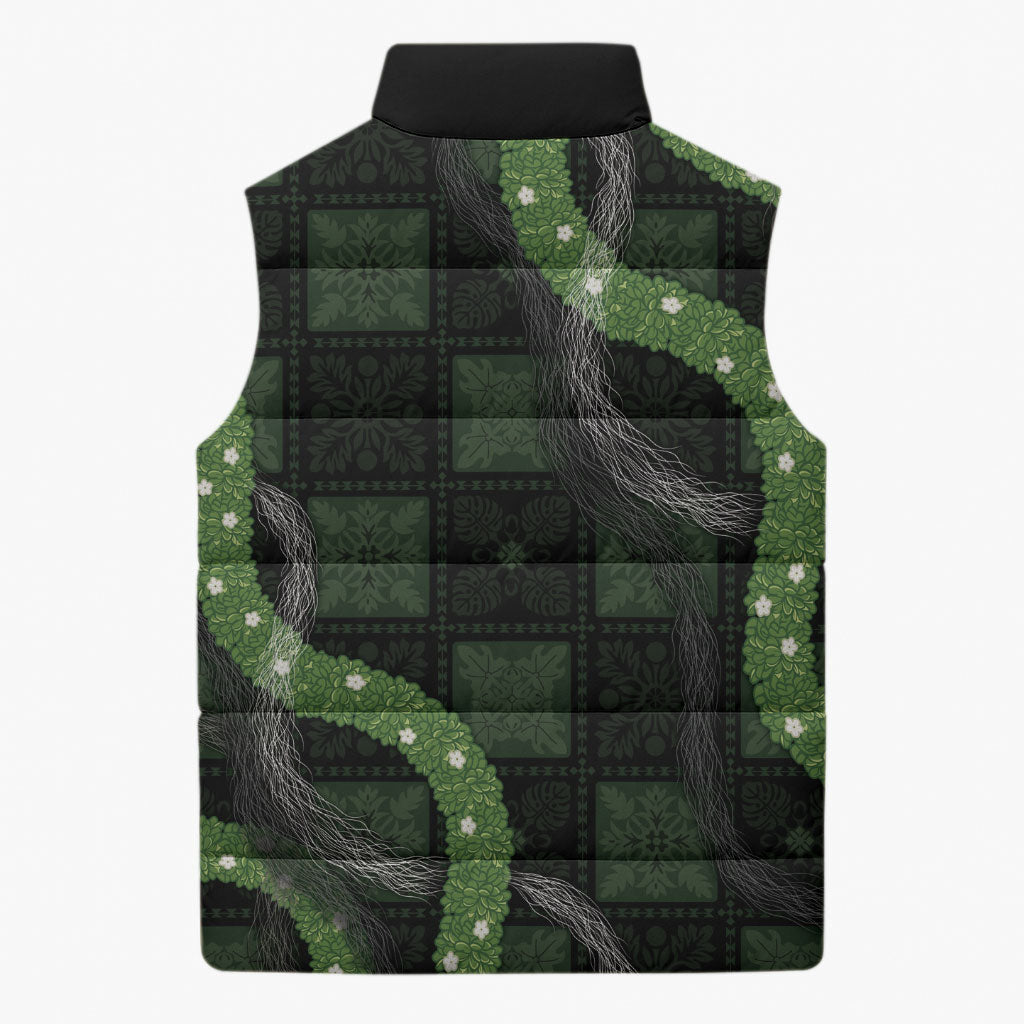 Hawaiian Quilt Sleeveless Puffer Jacket Pele Hair Hinahina Lei Black Version LT05 - Polynesian Pride