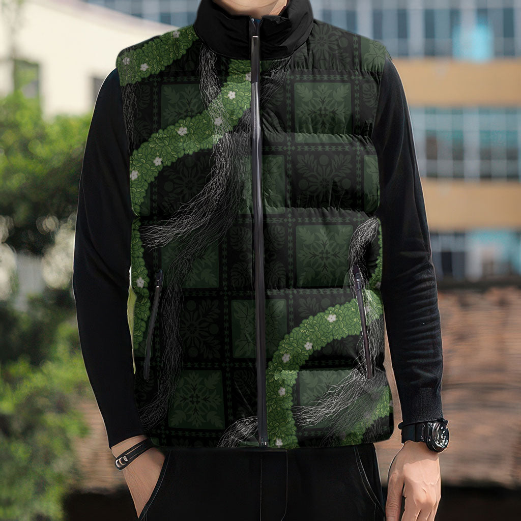 Hawaiian Quilt Sleeveless Puffer Jacket Pele Hair Hinahina Lei Black Version LT05 - Polynesian Pride