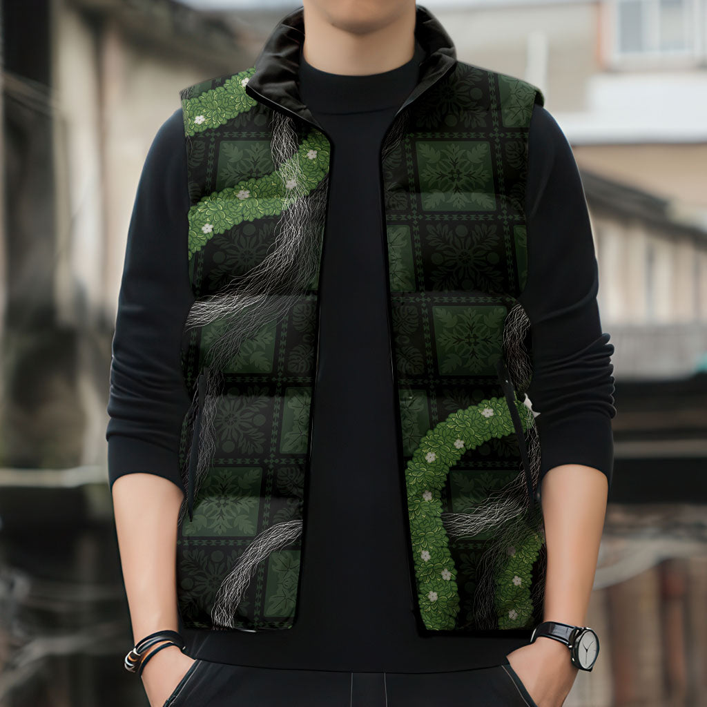 Hawaiian Quilt Sleeveless Puffer Jacket Pele Hair Hinahina Lei Black Version LT05 - Polynesian Pride