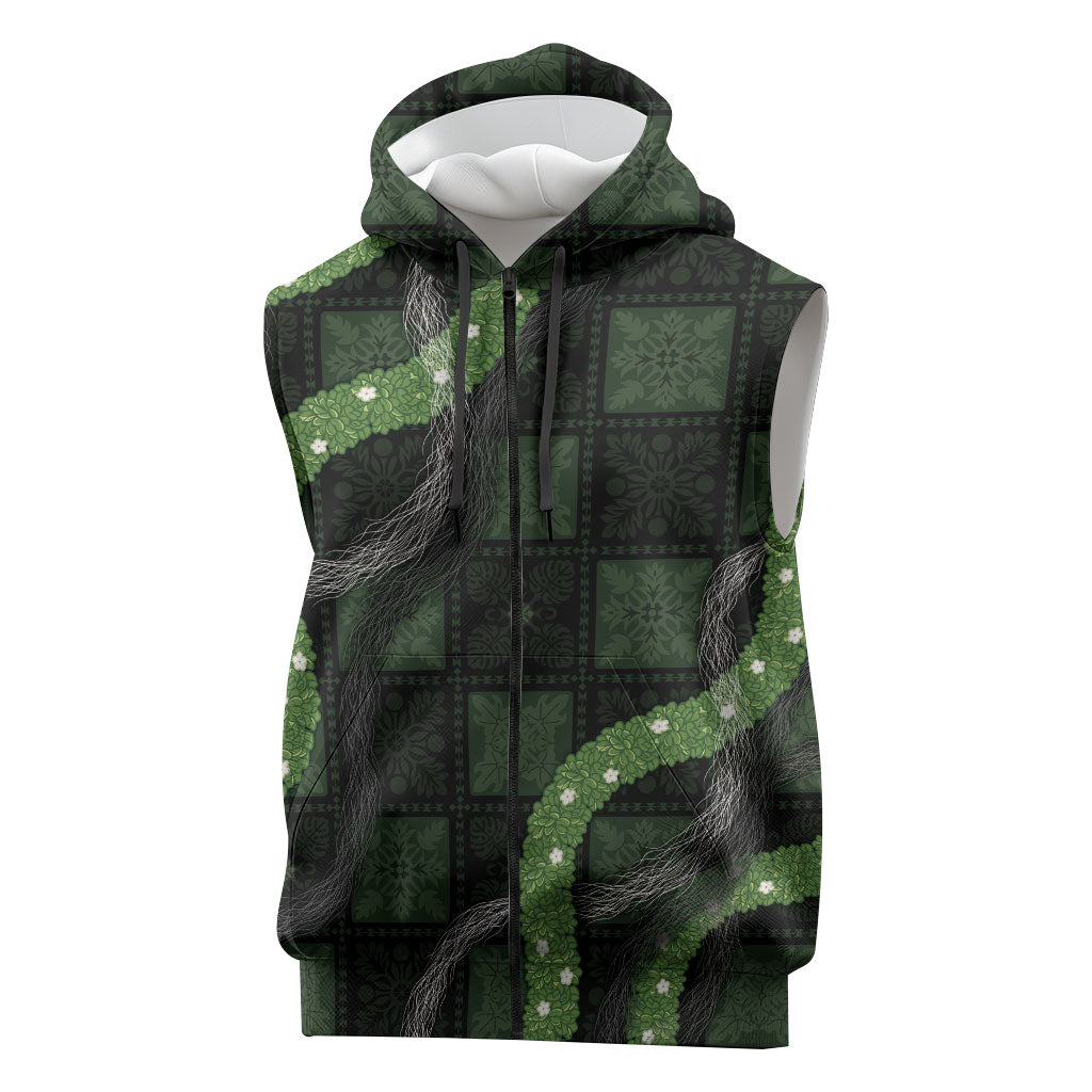 Hawaiian Quilt Sleeveless Zip Hoodie Pele Hair Hinahina Lei Black Version