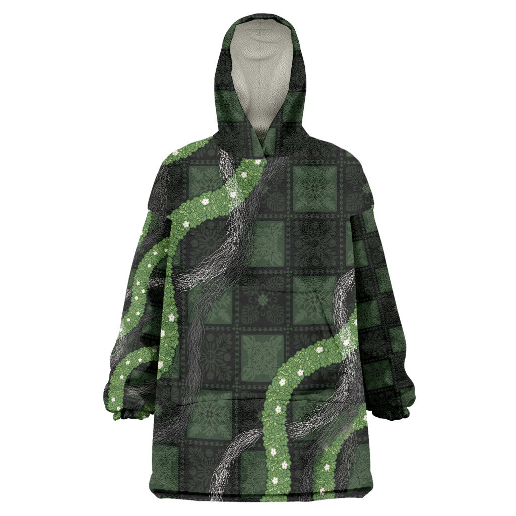 Hawaiian Quilt Wearable Blanket Hoodie Pele Hair Hinahina Lei Black Version LT05 One Size Black - Polynesian Pride