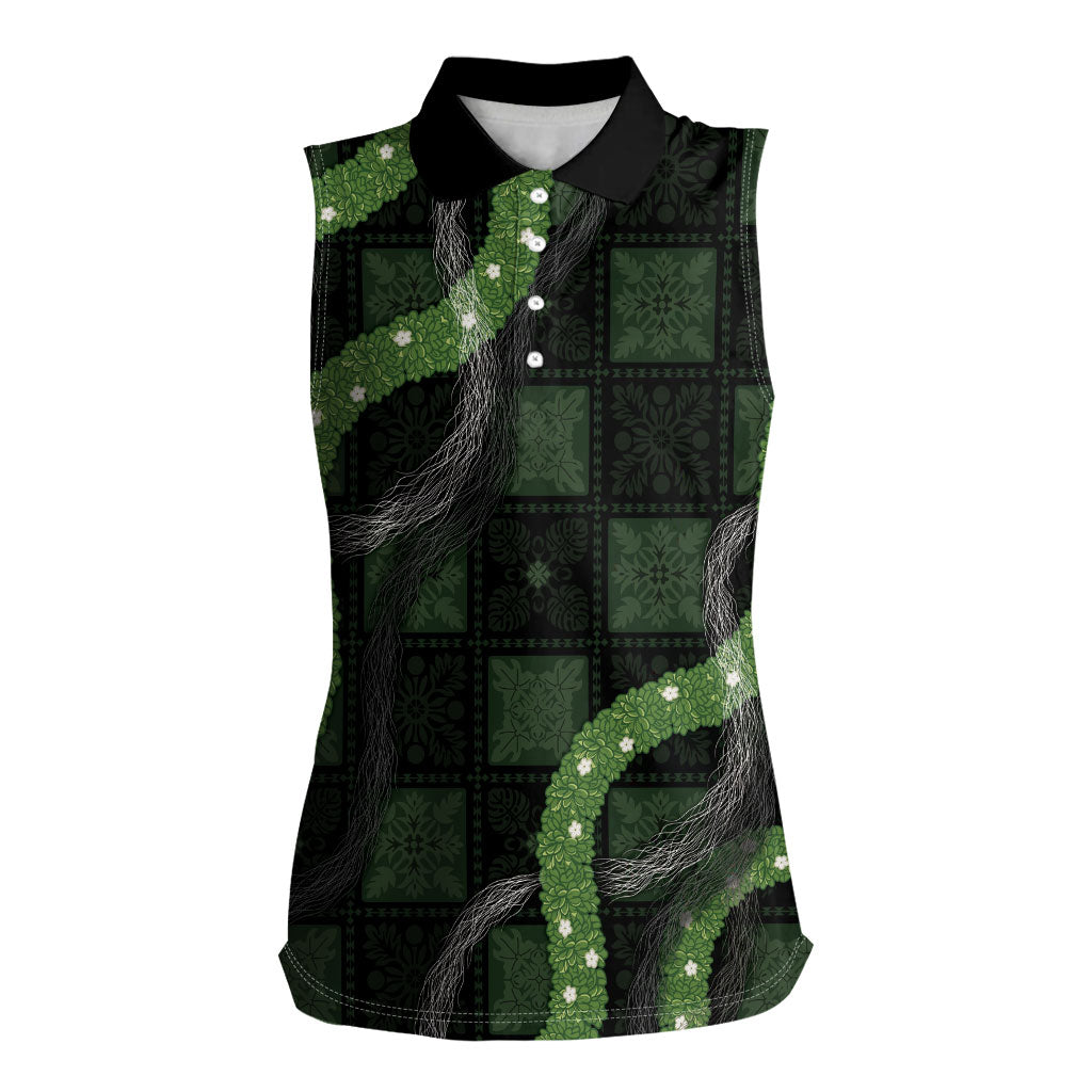 Hawaiian Quilt Women Sleeveless Polo Shirt Pele Hair Hinahina Lei Black Version