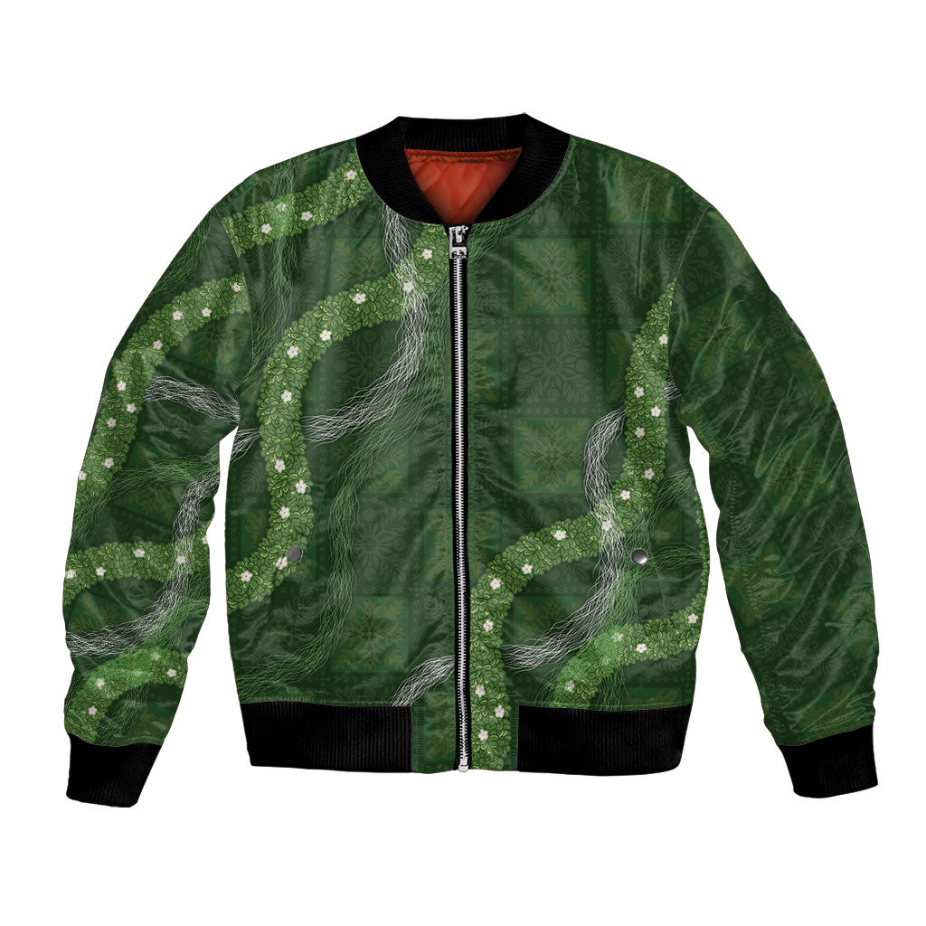 Hawaiian Quilt Bomber Jacket Pele Hair Hinahina Lei Green Version