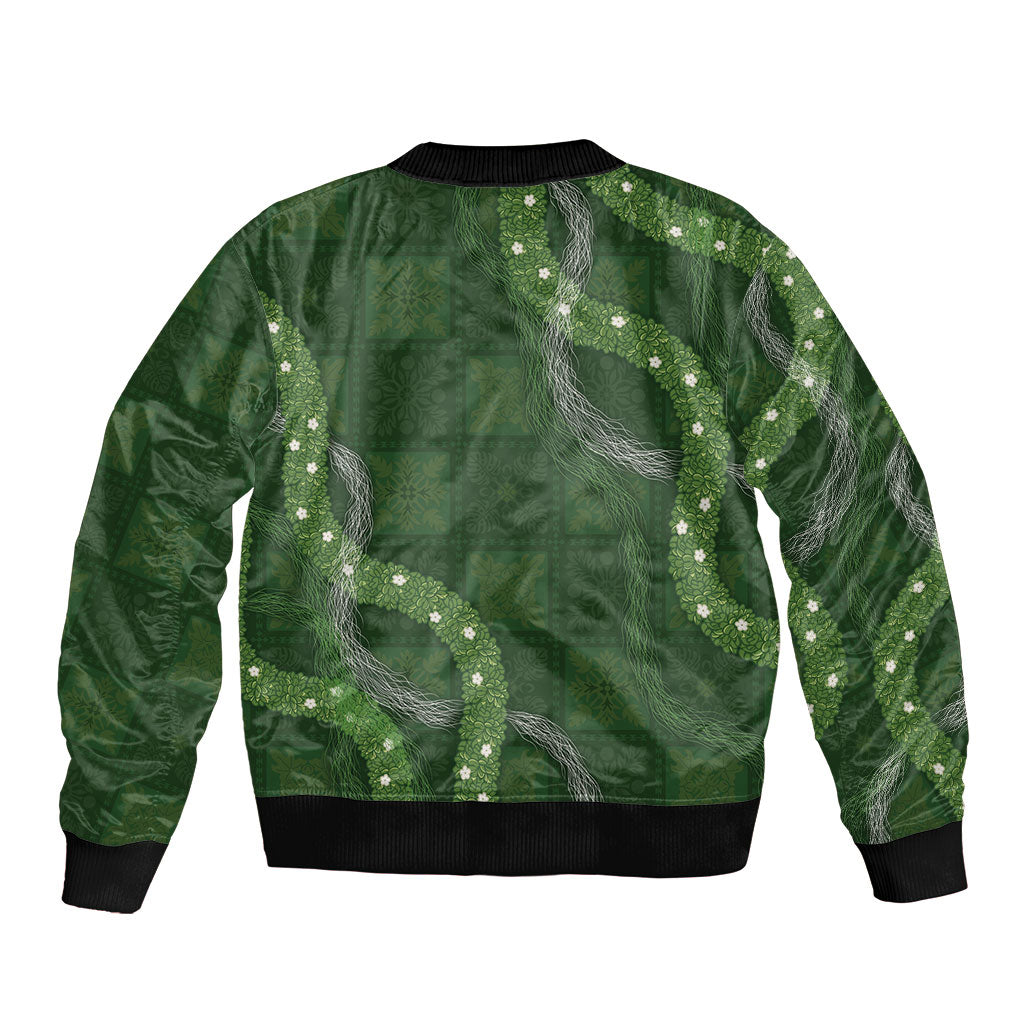 Hawaiian Quilt Bomber Jacket Pele Hair Hinahina Lei Green Version