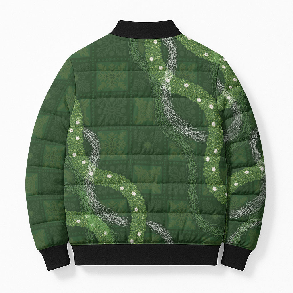 Hawaiian Quilt Bomber Puffer Jacket Pele Hair Hinahina Lei Green Version