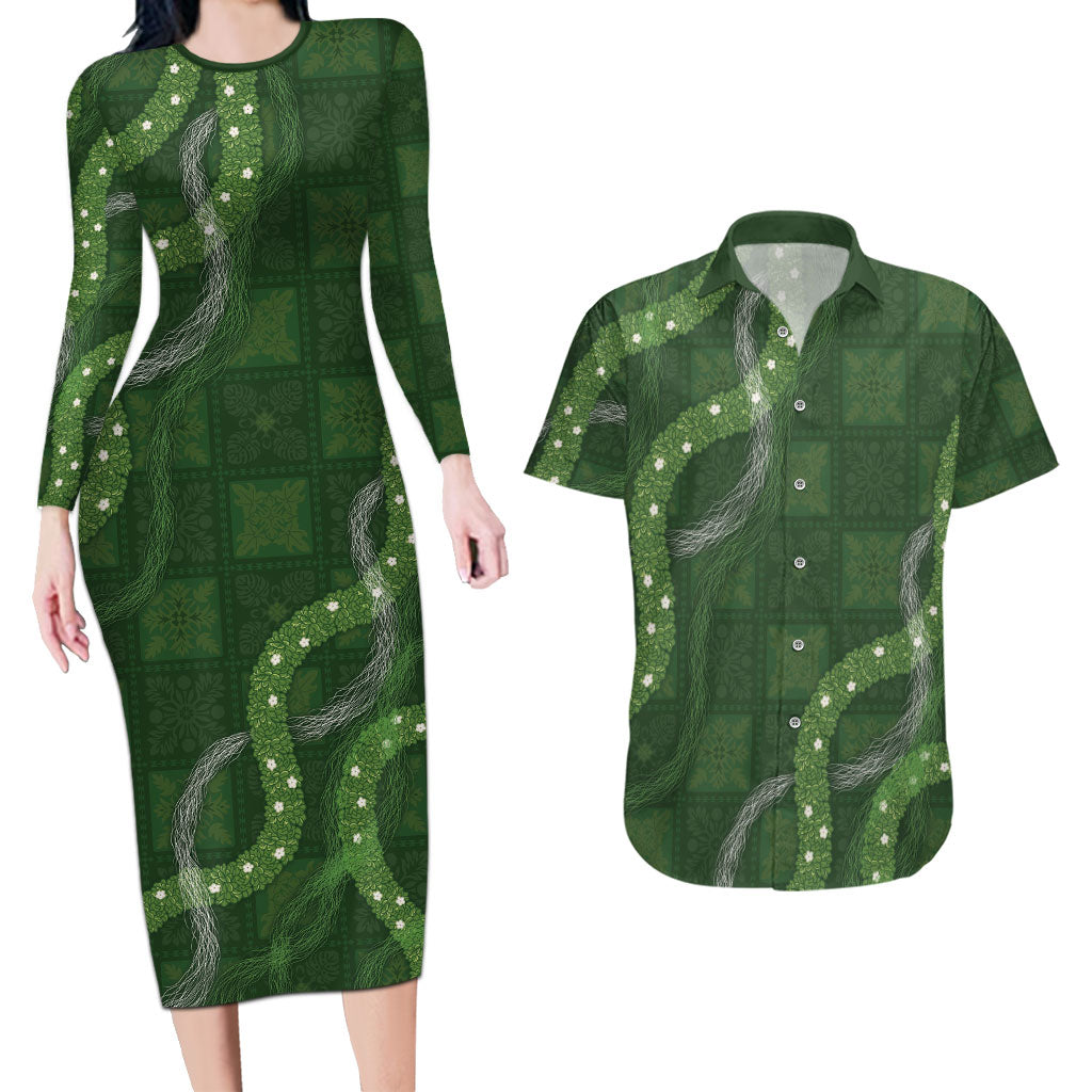 Hawaiian Quilt Couples Matching Long Sleeve Bodycon Dress and Hawaiian Shirt Pele Hair Hinahina Lei Green Version