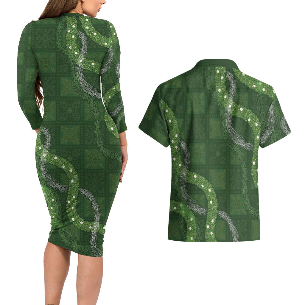 Hawaiian Quilt Couples Matching Long Sleeve Bodycon Dress and Hawaiian Shirt Pele Hair Hinahina Lei Green Version