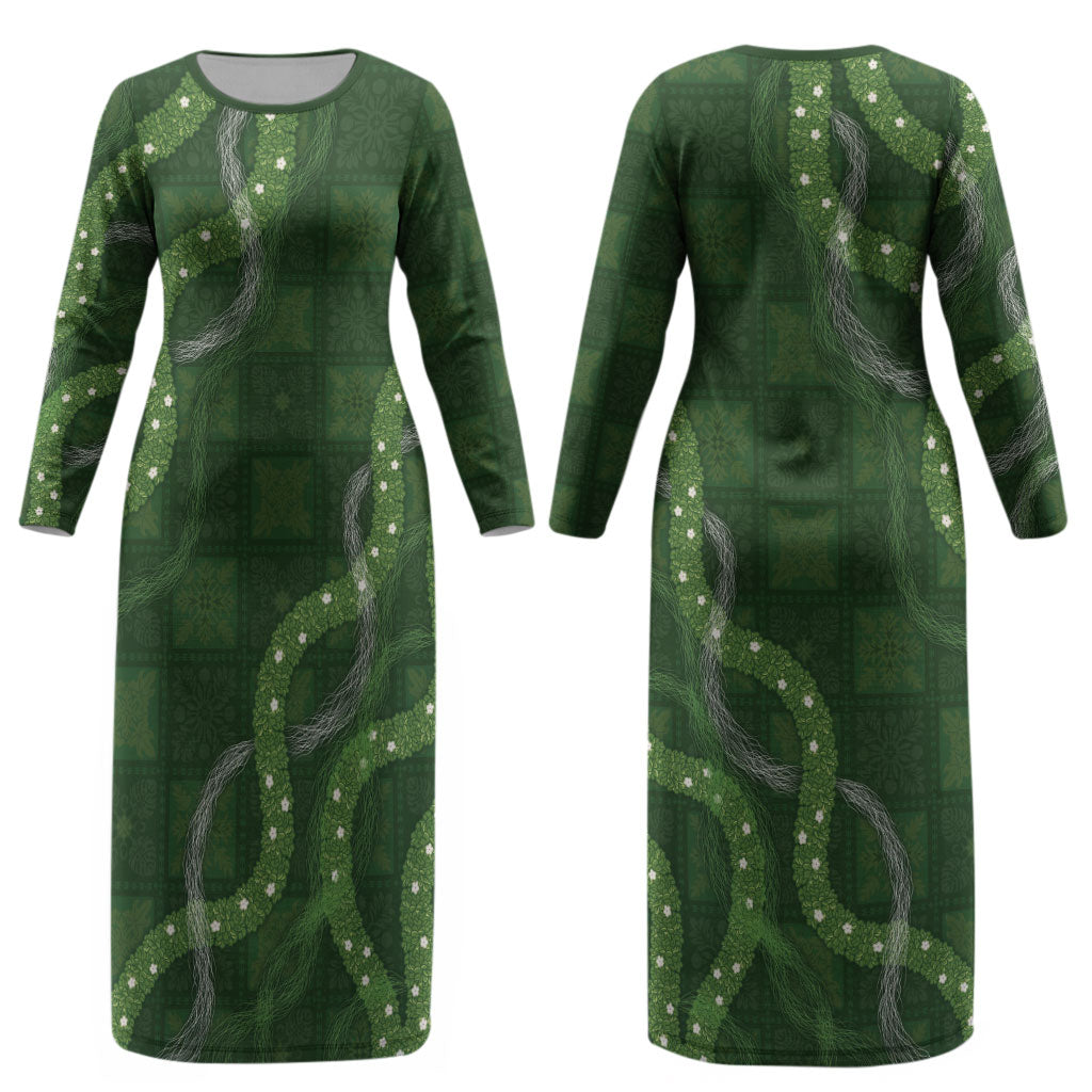 Hawaiian Quilt Couples Matching Long Sleeve Bodycon Dress and Long Sleeve Button Shirt Pele Hair Hinahina Lei Green Version LT05 - Polynesian Pride