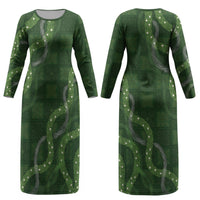 Hawaiian Quilt Couples Matching Long Sleeve Bodycon Dress and Long Sleeve Button Shirt Pele Hair Hinahina Lei Green Version LT05 - Polynesian Pride